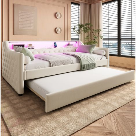 Tagesbett Leinen Beige 90x200 cm mit Ausziehbett, LED-Beleuchtung, USB-Anschluss und Lattenrost (1/5)