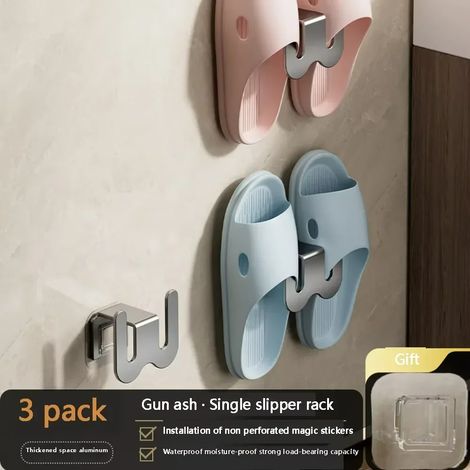 (Gris - Lot de 3) Étagère à chaussures simple, non perforée, à fixer à la porte de salle de bain avec système d'évacuation d'eau au dos et crochet mural. (1/5)