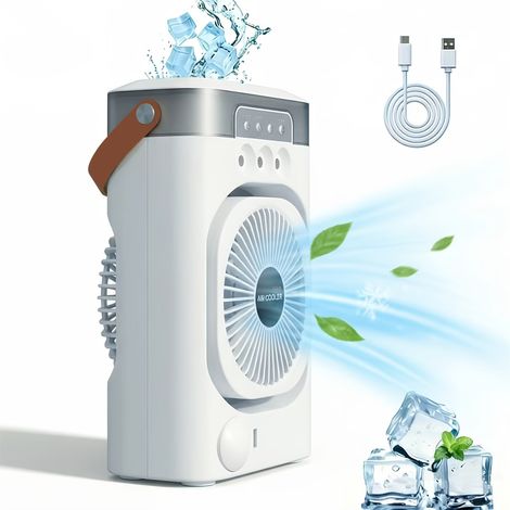Mini climatiseur portable 3-en-1 avec spray d’eau – ventilateur de table à refroidissement, humidificateur intégré, 3 modes de ventilation, rotation 120° (1/5)