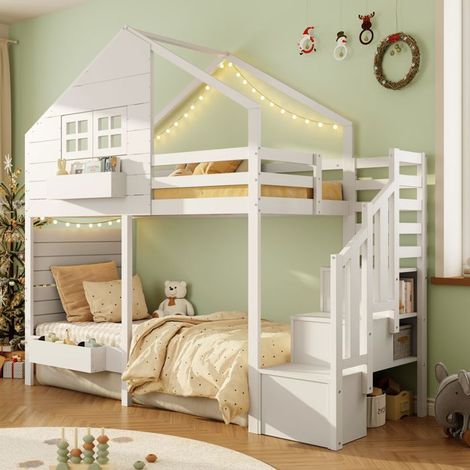lit superposé enfant 90x200, garde-corps, escalier rangement, cabane avec fenêtre (1/5)
