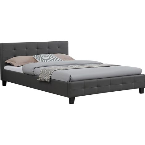 Idimex – Lit double gris 140x190 cm – Structure capitonnée avec sommier à lattes inclus – Hauteur tête de lit 77 cm – Design contemporain (1/4)