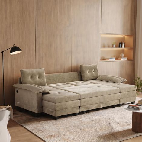 Canapé-lit modulaire en tissu chenille 278 cm avec USB khaki (1/5)