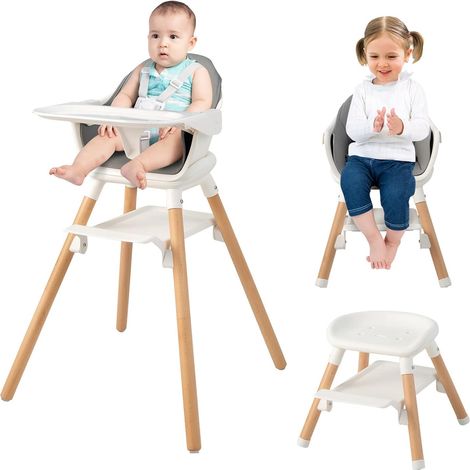 COSTWAY 6 in 1 Babyhochstuhl aus PP & Buchenholz, Babystuhl mit abnehmbarem & waschbarem Tablett, 5-Punkt Sicherheitsgurt, Kunstleder-Sitzkissen, Hochstuhl für Kinder von 6 Monaten- 6 Jahren (Weiß) (1/5)