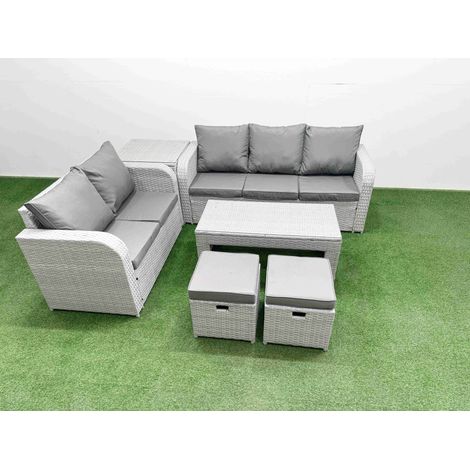 Fimous 7 Seater PE Rattan Wicker Garden Furniture Patio Conservatory Sofa Set with Oblong Coffee Table 3 Seater Sofa Love Sofa 2 Stools Side Table (1/4)