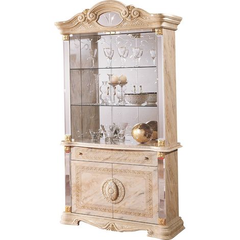 Les Tendances – Vitrine 4 portes 1 tiroir en bois laqué brillant beige et onyx – Dimensions L 105 x H 213 x P 48 cm – 2 portes vitrées en cristal transparent