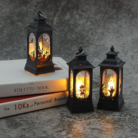 3-piece Halloween LED candle lantern set, decorative Halloween LED oil lamp, pumpkin, hand, ghost and castle hanging lantern made of plastic for outdoor use as party decoration (1/5)