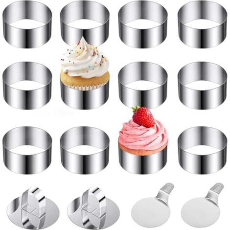 12 Pièces Cercle à Patisserie en Acier Inoxydable 8cm Diamètre 4cm Haut Emporte-pièces Ronds avec Couverture et Spatule Moule à Mousse à Dessert Moules à Tartelettes (1/4)