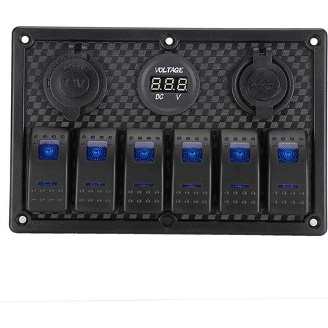 Panneau de commande à bascule 6 positions 12V-24V avec prise allume-cigare et 2 ports USB, doté d'un affichage voltmètre, adapté aux voitures, bateaux, camions et camping-cars. (1/5)