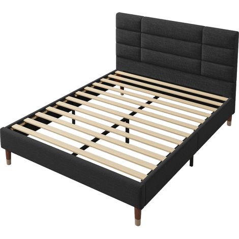 Cama doble tapizada 140x200 cm con somier de láminas, negra, cabecero (1/5)