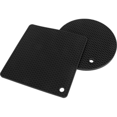 Lot de 2 dessous de plat ronds et 3 dessous de plat carrés en silicone ciré, tapis chauffants polyvalents pour plats chauds et tables, noir (1/5)