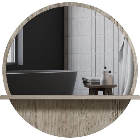 45cm Round Home Mirror, Shelf - Grey Wood-Effect (1/5)