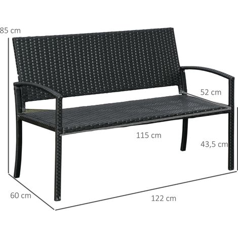 Banc de jardin, aspect rotin, avec structure en acier, pour 2 personnes, noir, 122 x 60 x 85 cm (1/5)