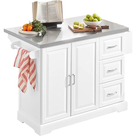 Sobuy – Desserte de cuisine sur roulettes FKW41ST – Chariot en bois avec plan de travail rabattable en acier inox – 3 tiroirs et 2 portes de rangement (1/5)