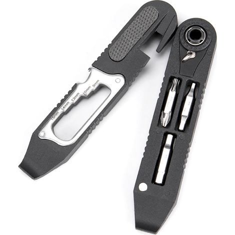 Outil multifonction 16 en 1 pour vélos avec cliquet, démonte-pneu et mini kit de réparation pour chambres à air et crevaisons.