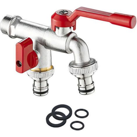 Doppelter Gartenwasserhahn – 3/4"-Messing-Wasserhahn, Außenwandhahn mit 2 x 3/4"-Auslässen für Garten, Waschmaschine, Regentonne, rostfrei und frostbeständig
