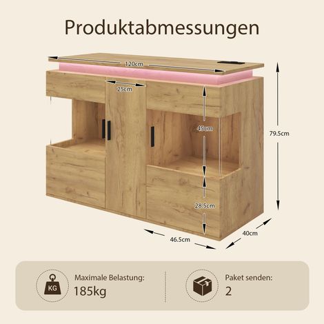 Sideboard mit LED Beleuchtung und Steckdose, Buffetschrank mit USB & Type-C Ladeanschluss, Küchenschrank mit Glastüren, verstellbarer Lichtfarbe, Stauraum und Holzoptik für Wohnzimmer Esszimmer Küche (1/5)