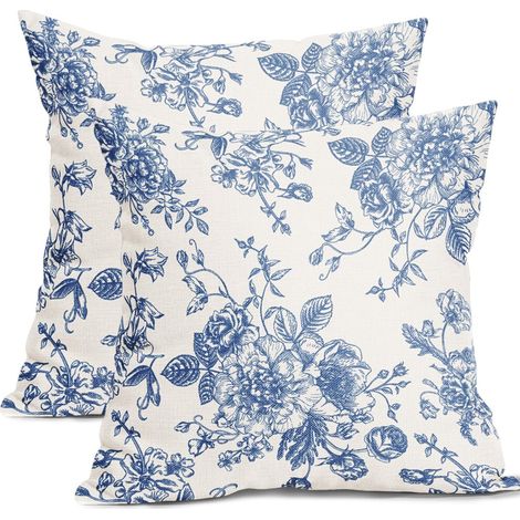 Kissenbezug aus Baumwoll-Leinen-Mischgewebe, Vintage-Blau mit Blumenmuster, 45,7 cm x 45,7 cm (2er-Pack)