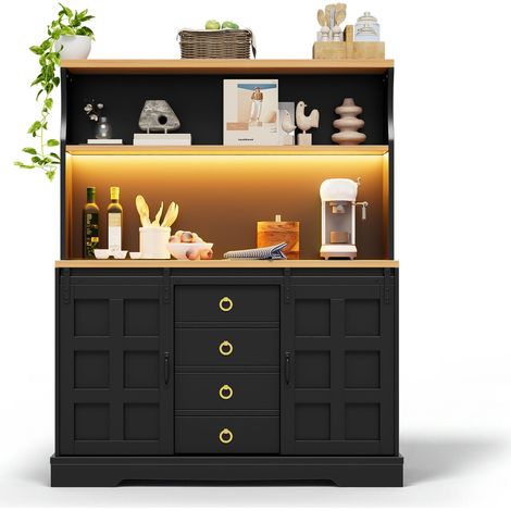 Buffet de cuisine Noir,rangement,avec 2 portes,4 tiroirs,plan de travail,prise avec USB,LED,120x40x150cm (1/5)