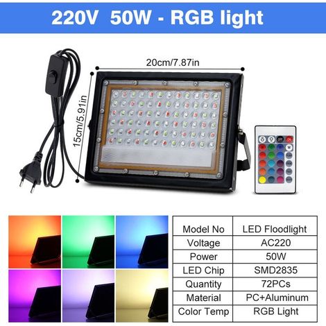 Projecteur LED extérieur étanche IP65 (AC 220 V / DC 12 V), 50 W, RGB multicolore, prise européenne, idéal pour éclairage paysager, terrasse et façade