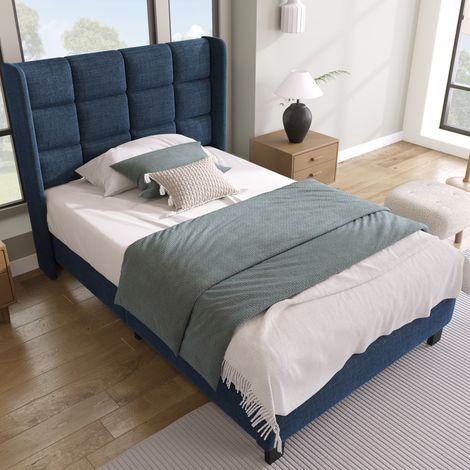 MEUBLIV Letto 90x200 cm blu – testiera capitonné, con rete, senza materasso (1/5)