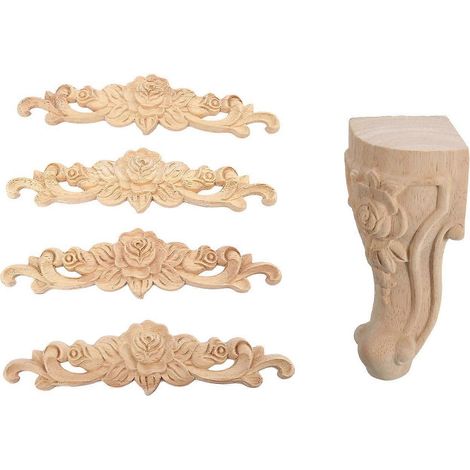 Quatre appliques en bois d'hévéa sculpté de 20 x 5 cm (roses non colorées) et quatre pieds de meubles en bois sculpté de 10 x 6 cm. (1/5)