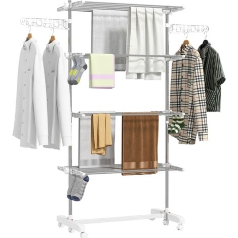 Mobile Clothes Drying Rack 142 x 55 x 172 cm, Foldable 4-Tier Design with Wheels, Locking Feature, Side Wings, ABS Material, White