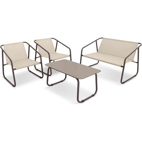 Set Salotto da Giardino Tavolo 2 Poltrone e Divano in Acciaio e Textilene Nizza Marrone e Beige (1/3)