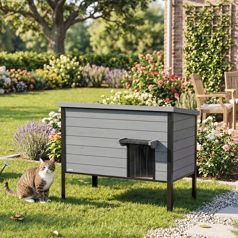 Niche pour chat résistante aux intempéries avec toit à charnières, plancher amovible, entrée pour 1 à 2 chats jusqu'à 12 kg, 85 x 55 x 70 cm, gris clair (1/5)