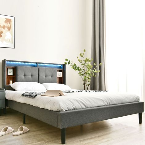 Lit double 160x200 gris bois sommier lattes tiroirs usb led (1/4)
