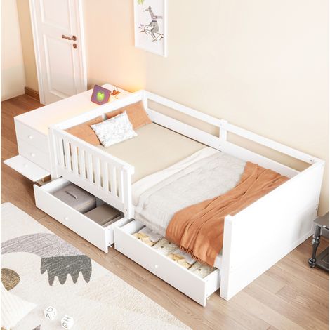 Letto a soppalco bambino 90x200 cm salvaspazio con contenitore indipendente, LED, presa e scrivania, legno - bianco (1/5)