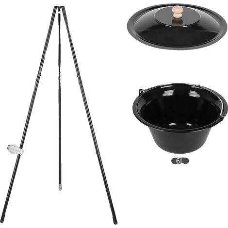 Olla para goulash, capacidad de 10 litros, altura regulable, trípode de 151 cm, cadena de 250 cm de longitud, material esmaltado duradero. (1/5)