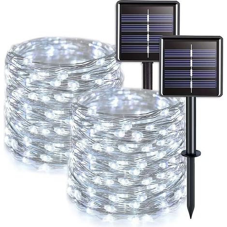 Guirlande lumineuse solaire (lot de 2), longueur totale 12 m, 100 LED Étanche pour extérieur, lumière blanche (1/5)