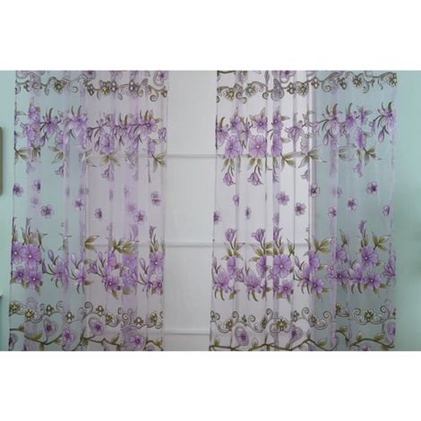 1m x 2m rideau de diviseur de pièce de mur de voile de Tulle imprimé floral Rideau en polyester tissé de porte de fenêtre violet (1/4)