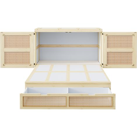 Letto ribaltabile verticale 140 x 200 cm con contenitore e frontale effetto rattan HOMVRA (1/5)