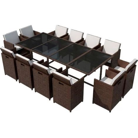 Table rectangulaire et 12 chaises de jardin résine tressée marron Iris (1/5)