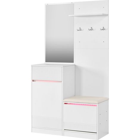 Meuble d'entrée avec miroir, meuble à chaussures, banc et LED, blanc, 105 x 38 x 190 cm, MODENUIT (1/5)