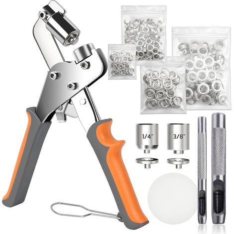 Kit d’outils à œillets métalliques – 200 œillets argentés, pince double tête 6 mm et 10 mm, pour bâches, tissus, cuir, tentes, vinyle et toile (1/5)
