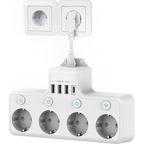 Prolunga da 4000 W, 4 prese/3 USB-A/1 USB-C, 4 interruttori individuali, multipresa a parete, bianca (1/5)