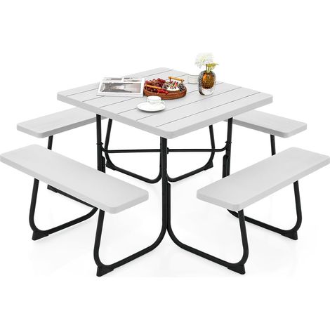COSTWAY Ensemble Table de Pique-Nique avec 4 Bancs Intégrés, Ensemble de Jardin Table de Pique-Nique Carrée 135KG Trou pour Parasol, pour Jardin Piscine, 170 x 170 x 76 cm (Blanc) (1/5)