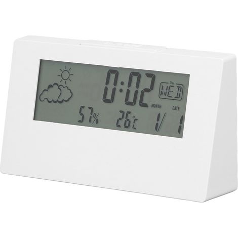 Réveil numérique Blanc avec fonction Snooze, écran LCD affichant heure, date, température et humidité, horloge électronique de chevet avec lumière. (1/5)