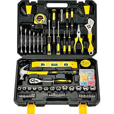 108-piece home and automotive repair tool set, including a hammer, wrench, socket wrench, screwdriver, spirit level, measuring tape, and toolbox. (1/5)