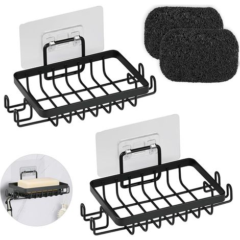 2 Pièces INOX Porte Savon Douche sans Perçage, Auto-Adhésif Porte Savon Mural avec Crochets et Économiseur de Savon, Support Savon Mural pour Salle de Bain et Cuisine (Noir) (1/5)