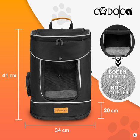 CADOCA® Haustierrucksack bis 12 kg verstellbare Gurte faltbar Kurzleine Reflektorstreifen Haustier Tragetasche Katze Hund Rucksack Transportrucksack  schwarz