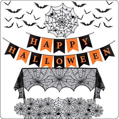 Ensemble de nappes décoratives pour Halloween : châle de cheminée araignée, nappe ronde toile d’araignée et nappe en dentelle (1/5)