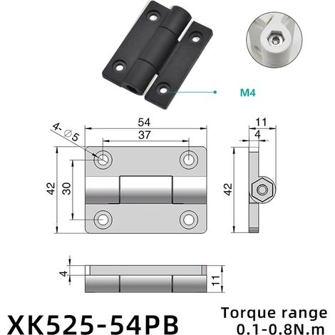 (XK525-54PB) 2 charnières à clapet pliantes avec amortisseur de torsion, en plastique et alliage de zinc, butée de positionnement réglable et tampon de couple (1/5)