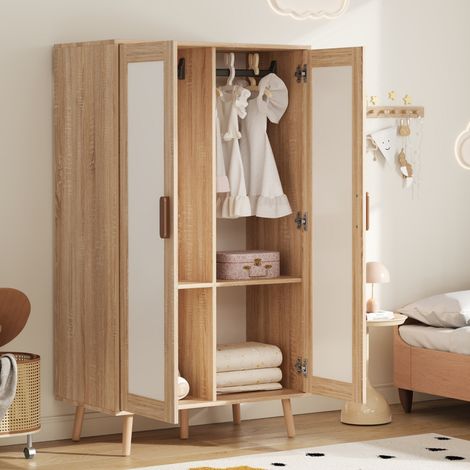 Armoire de rangement en MDF blanc et décor bois naturel, 2 portes avec tringle, 80 x 46 x 141,5 cm (1/5)