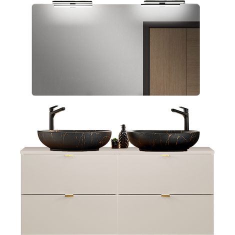 Badmöbel Set 2-teilig mit 120 cm Doppelwaschtisch & Spiegel mit LED-Beleuchtung, in Beige - DURANGO-56 (1/5)