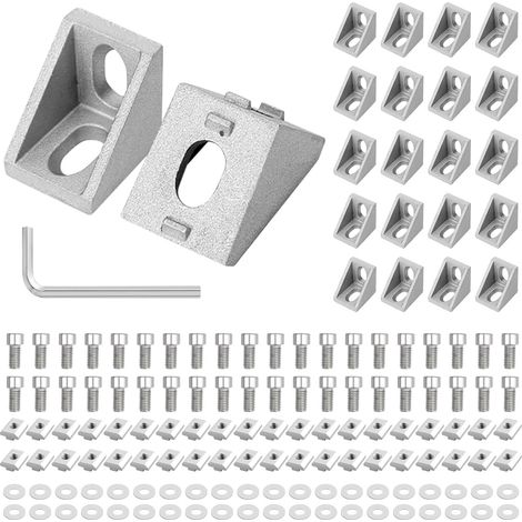 Set mit 20 Aluminium-Winkelprofilen (20 x 20 mm) inklusive Gleitmuttern, Schrauben und verstellbarem Schraubenschlüssel, Eckbefestigungsmaterial für Werkbänke, Regale und Gerätehalterungen