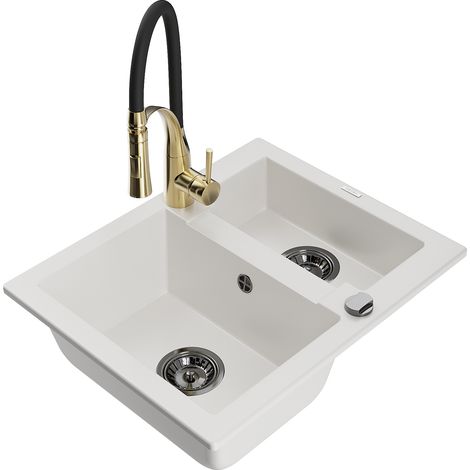 Mexen Carlos lavello in granito 1,5 vasche con miscelatore da cucina Aster, bianco - 6518-20-73450-57-B (1/5)
