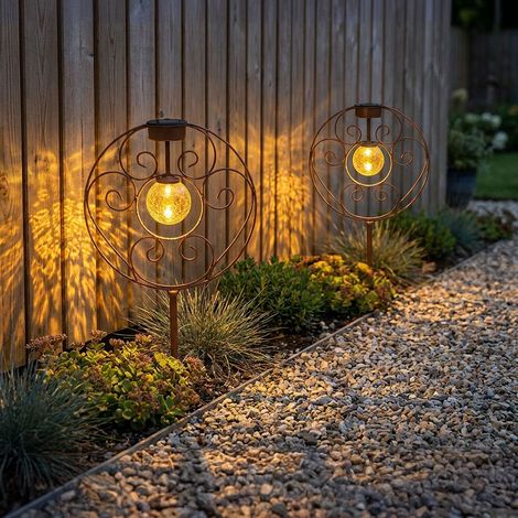 Solarlampe orientalische Glaskugel rostfarben Dekoleuchte Gartenlampe Erdspieß Solarleuchte Metall für Außen, 1x LED 0,06W warmweiß, LxBxH 30x8,5x41 cm, 2er Set